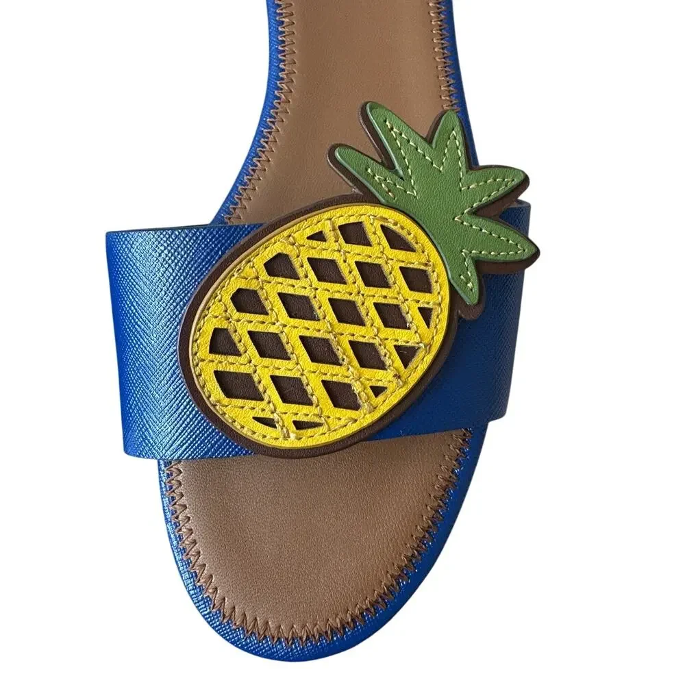 Tory Burch‎ Pineapple Accent Slide Sandals Blue Size 7